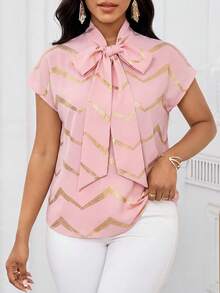 SHEIN Lady Women's Elegant Serrated Print Twist Collar Batwing Sleeve Loose Blouse, Suitable For Office And Commuting In Summer,Summer Top - Multicolor - View 1