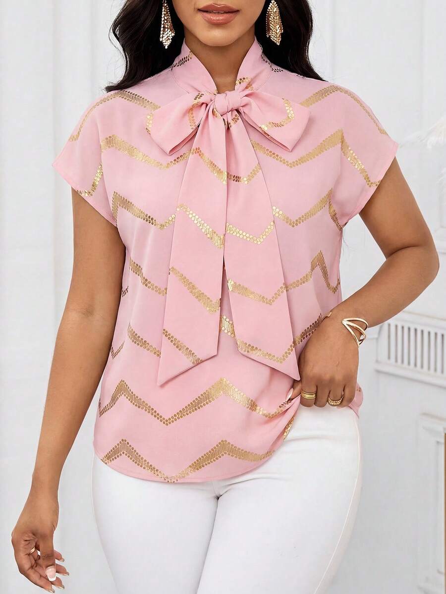 SHEIN Lady Women's Elegant Serrated Print Twist Collar Batwing Sleeve Loose Blouse, Suitable For Office And Commuting In Summer,Summer Top - Multicolor - View 1