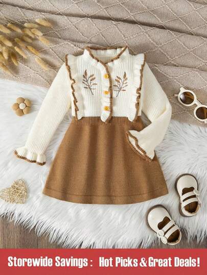 SHEIN Baby Girls Knitted Long Sleeve Sweater Dresses, Comfortable For Autumn/Winter Season, Available In Beige, Green, Light Colors, Versatile, Elegant Embroidered Ruffle Design, Suitable For School, Daily Wear, Home, Outdoor, Travel Fall