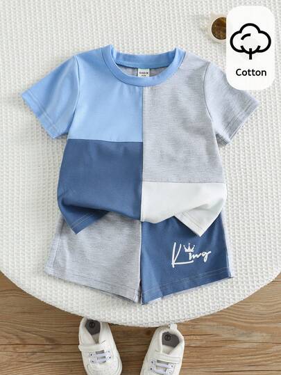 SHEIN 2件套男女宝宝休闲圆领短袖拼接T恤套装，适合春夏穿着