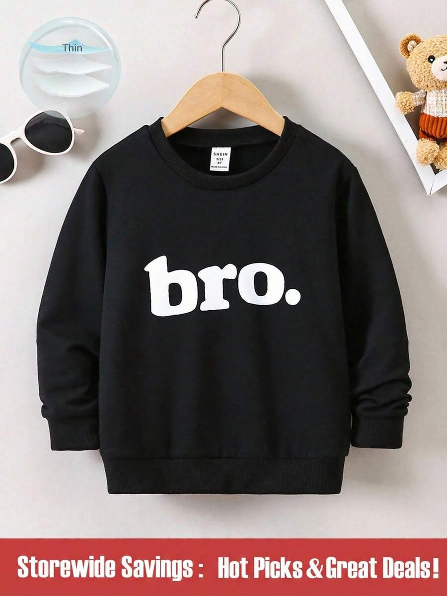 SHEIN Young Boy All-Match Brother Letter Print Crew Neck Long Sleeve Sweatshirt, Versatile Casual Wear For Autumn/Winter,Holiday,Summer,Travel - Black - View 1