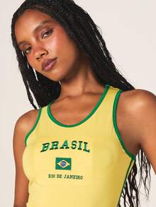 MISSGUIDED Camiseta sin mangas con cuello de pico y estampado de Río de Janeiro, con temática de la bandera de Brasil, para usar en vacaciones de verano - Amarillo - Ver 5