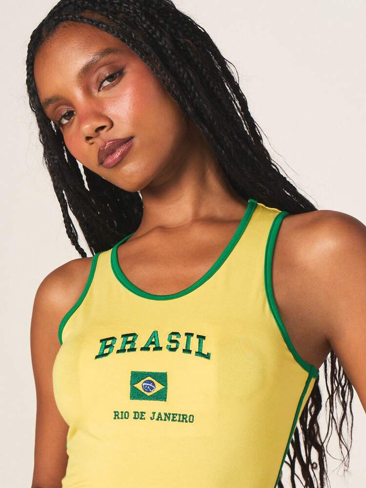 MISSGUIDED Ärmelloses Trägershirt im Brasilien-Flaggen-Stil mit Rundhalsausschnitt und Rio de Janeiro-Aufdruck für den Sommerurlaub
