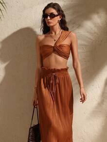 Swim Chiccia Women's Fashion Brown Twist Design Cropped Shoulder Top And Skirt Knit 2 Pieces Set - Brown - View 5