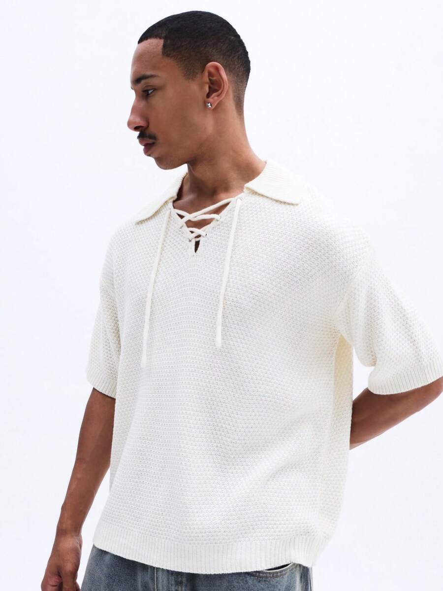 SUMWON Áo polo nam dáng regular fit màu kem, chất liệu dệt kim, tay ngắn, kiểu Henley, có dây buộc phía trước, thích hợp cho mùa hè. - trắng - Xem 1