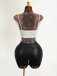 Mistrie 女士时尚性感水钻网眼露脐上衣，优雅女士，闪亮上衣，新年、情人节、圣诞节，圣诞女士，亮片，亮片裙，亮片上衣，闪亮上衣，透视上衣，银色露脐上衣，网眼上衣，水钻上衣 - 白色 - 查看 2