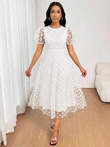 SHEIN Lady 女士波点网纱圆领花瓣袖优雅中长连衣裙 - 白色 - 查看 5