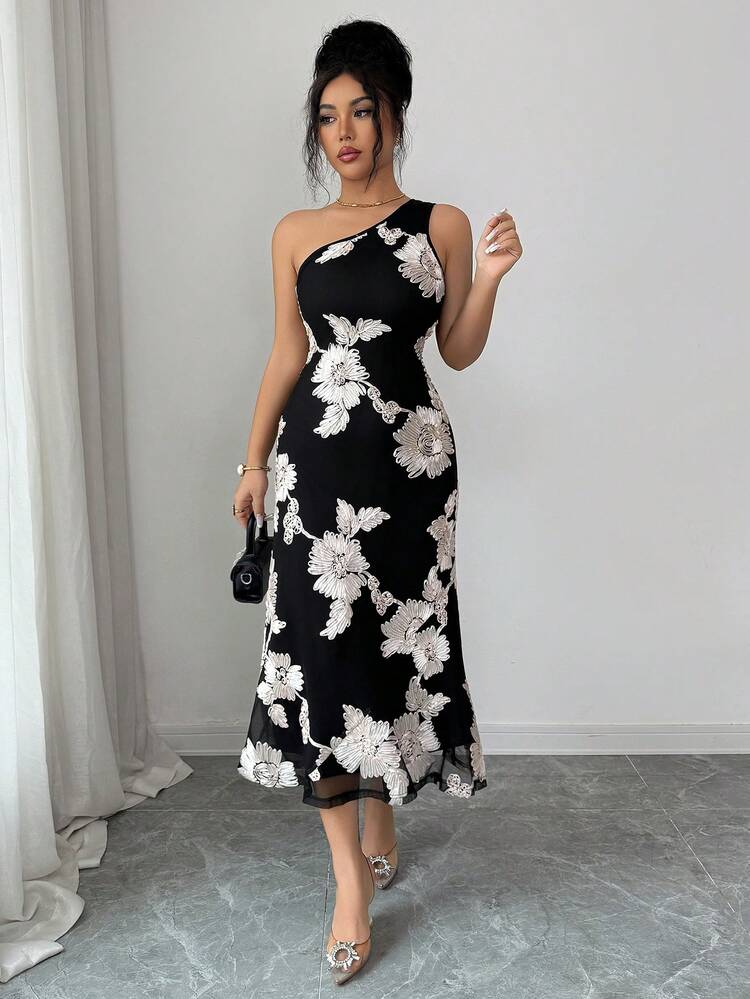 Women's Elegant Floral Print Asymmetrical Shoulder Mid-Length Dress, Summer,Wedding Guest Dress Women Sundress
