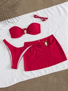 Swim Vcay 3件套女士夏季沙滩休闲优雅时尚年轻百搭金属装饰吊带比基尼泳装，纯色比基尼套装，适合度假、派对、假日，含罩衫，适合度假、邮轮旅行、沙滩日光浴、日常休闲穿着，女士沙滩休闲装，Zestiva泳装，Zante假日套装，Ytk服装，Yummy Control泳衣，女士假日套装，复古泳装套装，可爱套装，女士比基尼套装 - 紅色 - 查看 3