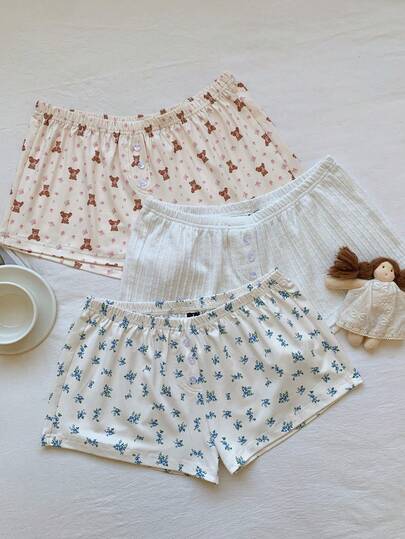 Comfortcana 3件套夏季针织樱桃碎花低腰短裤