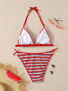 SHEIN 2pcs/Set Teen GirlSummer New Red Striped Halter Fashionable Bikini Set, Suitable For Beach Vacation - Red - View 2