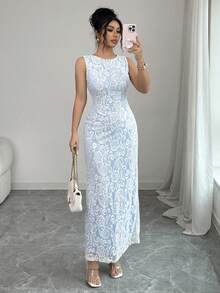 Elenzga 优雅白色蕾丝V领无袖修身长裙，休闲、派对、浪漫春夏装扮；时尚藏蓝色长裙，优雅婚礼宾客礼服 - 藍色 - 查看 7