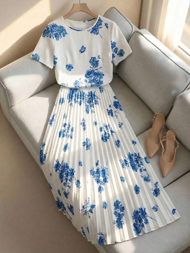 Elegant Blue White Floral Print Two-Piece Set For Women Summer Spring Casual Party Outfit With Short Sleeve Top And Pleated Midi Skirt, Ideal For Wedding Guest Party Going Out Festival And Easter Occasions