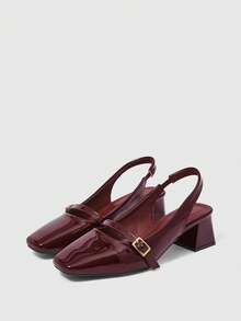 Sleekvia New Burgundy Square Toe Chunky Heel Strap Backless Comfortable Non-Slip Versatile Women High Heel Shoes, Spring/Autumn - Burgundy - View 2