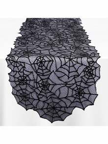 ROMWE Goth 1 pieza Camino de mesa de encaje negro, bandera de mesa de Halloween, bandera de mesa de telaraña, mantel de decoración de mesa de comedor familiar, mantel de bandera de mesa del festival de fantasmas de Halloween, decoración del hogar - Negro - Ver 1