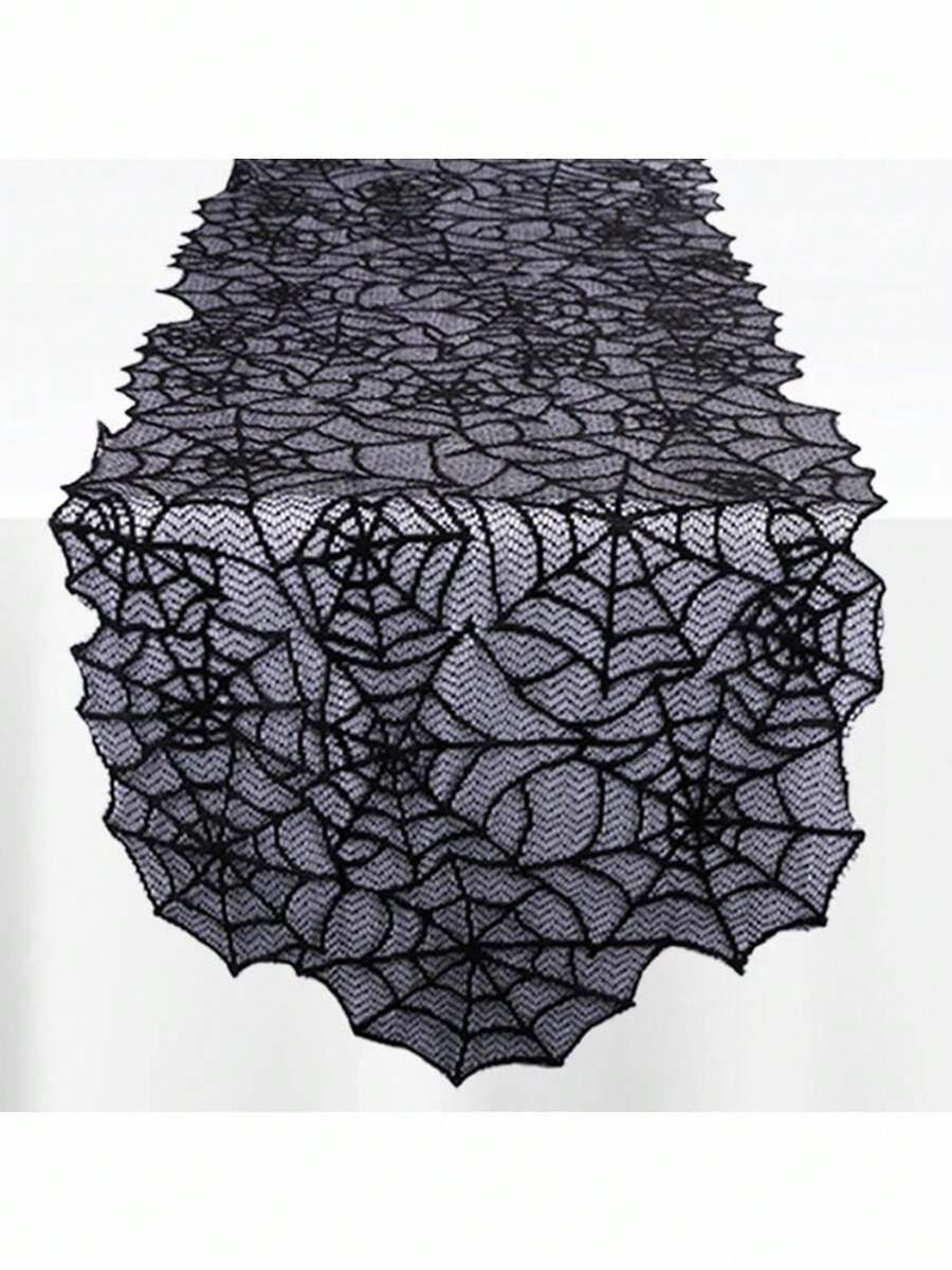 ROMWE Goth 1 pieza Camino de mesa de encaje negro, bandera de mesa de Halloween, bandera de mesa de telaraña, mantel de decoración de mesa de comedor familiar, mantel de bandera de mesa del festival de fantasmas de Halloween, decoración del hogar - Negro - Ver 1