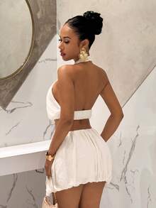 Slaydiva Summer New Arrivals: Birthday Party, Back To School, Preppy Style, Student Wear, Casual Outings, Basic Versatile Items, Casual, Vacation, Cruise Travel, Beach, Seaside, Sunbathing, Items, Street Style, Sexy & Elegant, Sleeveless Halter Neck Cropped Tulip Top, Tulip Short Skirt Pants, Women's Two Pieces Set - A - Apricot - View 3