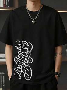 Manfinity Hypemode 男士圆领字母印花休闲百搭日常短袖T恤 - 黑色 - 查看 5