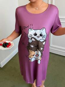 Dream Adore 可爱叠叠猫印花加大码短袖宽松睡裙 - 彩色 - 查看 3