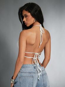 Denimoi Lace Trim Backless Halter Top Sexy Tops GNO Date Night Brunch Outfits - White - View 4