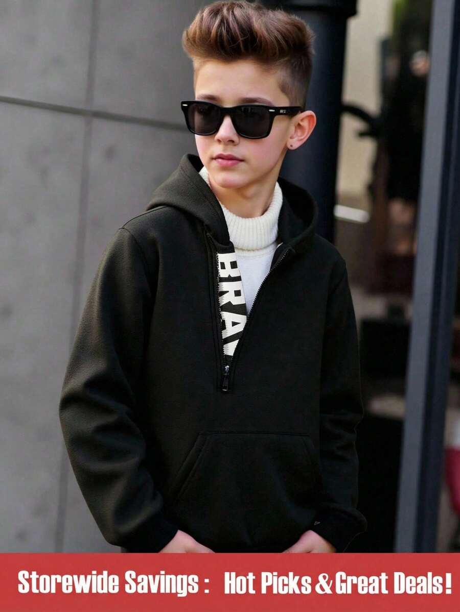 SHEIN 青少年男孩斜拉链字母印花卫衣 - 黑色 - 查看 1