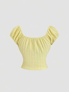 Sweetra Y2K Textured Fabric Vacation Versatile Puff Sleeve Sweet Preppy Style Blouse - Yellow - View 2