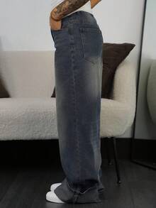 SAYEHFBABY 休闲水洗百搭百搭宽松阔腿蓝灰色低腰牛仔裤，夏季新款 - 中等水洗藍 - 查看 6