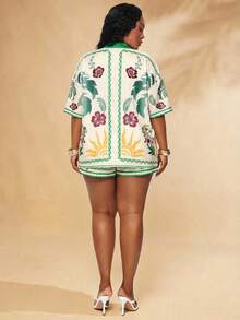 SHEIN SXY 大码女式棕榈树印花短袖和服衬衫及短裤两件套 - 彩色 - 查看 2