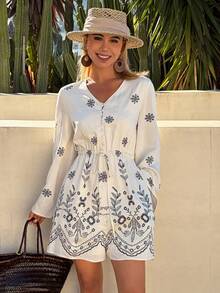 DAZY 女士优雅印花V领系带喇叭袖连体裤，春夏款 - 米色 - 查看 3