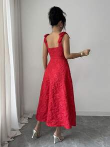 Elenzga Women's Bowknot Strap Textured Jacquard Cinched Waist Camisole Dress - Red - View 2