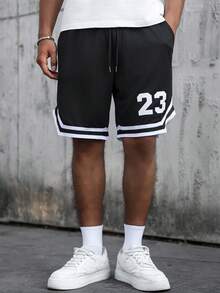 SLATEMANN 男士数字印花抽绳腰部宽松休闲篮球短裤 - 黑色 - 查看 4