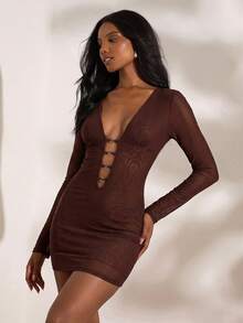 Opulessa 女士度假风针织网眼印花V领长袖修身镂空迷你连衣裙 - 巧克力棕 - 查看 5
