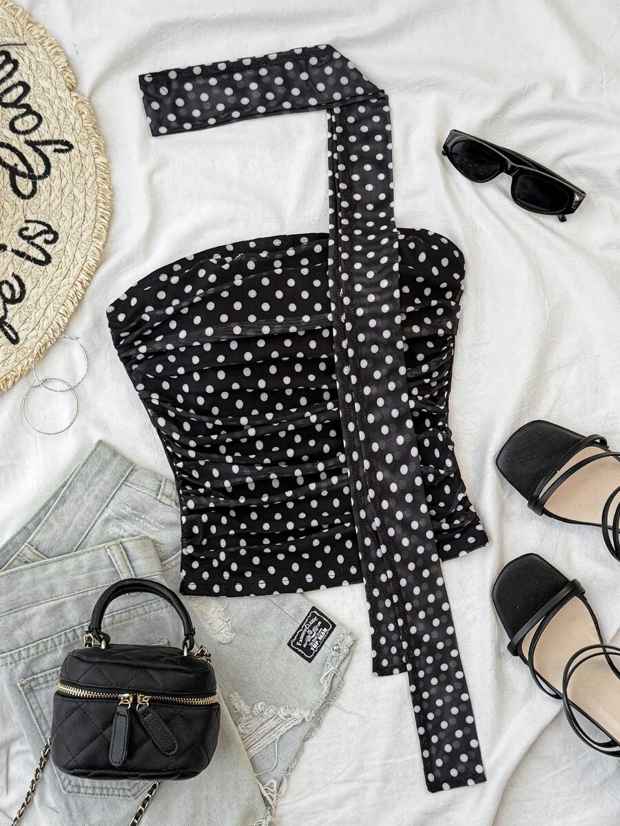 SHEIN Teen Girls' Colorblock Polka Dot Print Fitted Ruched Cropped Camisole Top With Detachable Neck Scarf, Spring/Summer - Black - View 1