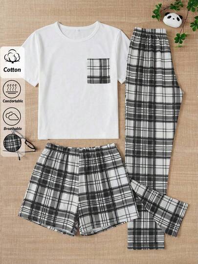 SHEIN Women Cotton 3 Pcs Plaid Pocket Detail Round Neck Short Sleeved Shirt&Plaid Pattern Shorts&Long Pants Homewear Comfort Lounge Set