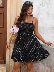 SHEIN VCAY 大码复古波点吊带连衣裙，适合度假、休闲通勤等各种场合，A字型修身短款连衣裙，女士 - 黑色 - 查看 3