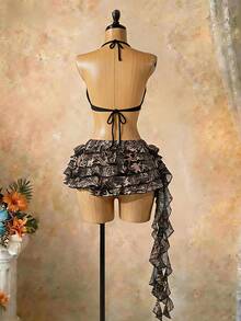 SaltGleam SaltGleam Women's Elastic Waist Leopard Print Layered Ruffle Trim Fashionable Skirt - Multicolor - View 2