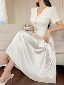 DAZY Women's Solid Color Petal Sleeve Button-Up Shirt And Skirt Elegant 2-Piece Set Lounge Sets For Women - Apricot - View 2