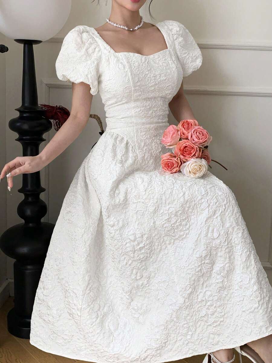 Dazy Tall 高个女士优雅收腰泡泡袖长连衣裙，白色，纹理面料吊带裙 - 白色 - 查看 1