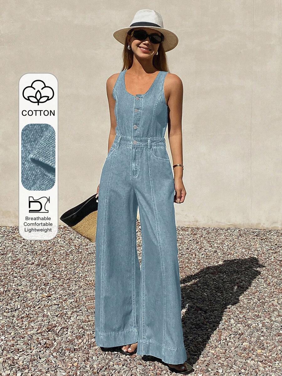 DAZY Women's Sleeveless Adjustable Strap Loose Straight Leg Casual Denim Jumpsuit - Light Wash - View 1