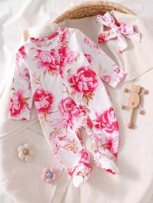 Bộ áo liền quần dài tay có mũ cho bé sơ sinh, nền trắng họa tiết hoa nhí hồng, thiết kế dễ thương, chất liệu mềm mại và thoải mái. - Hồng - Xem 7
