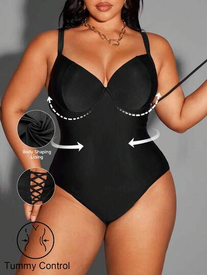 Shapewave Plusstorlek Enfärgad Stickad Baddräkt Med Rygglös Korsband Och Hela Stycken