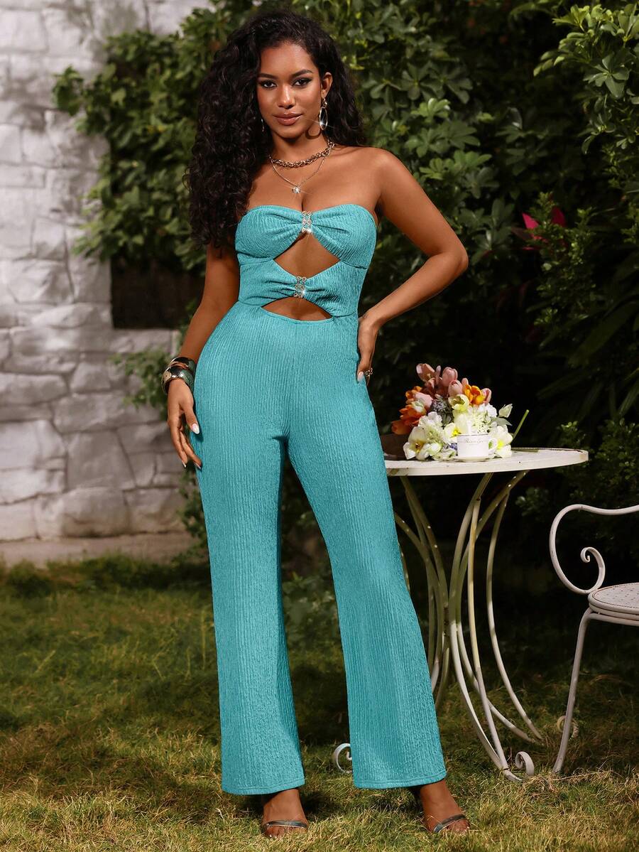 Lureya 女士夏季镂空腰部阔腿连体裤，针织纹理面料，魅力性感，适合休闲、海滩、派对、外出、约会、居家等场合。 - 綠色 - 查看 1