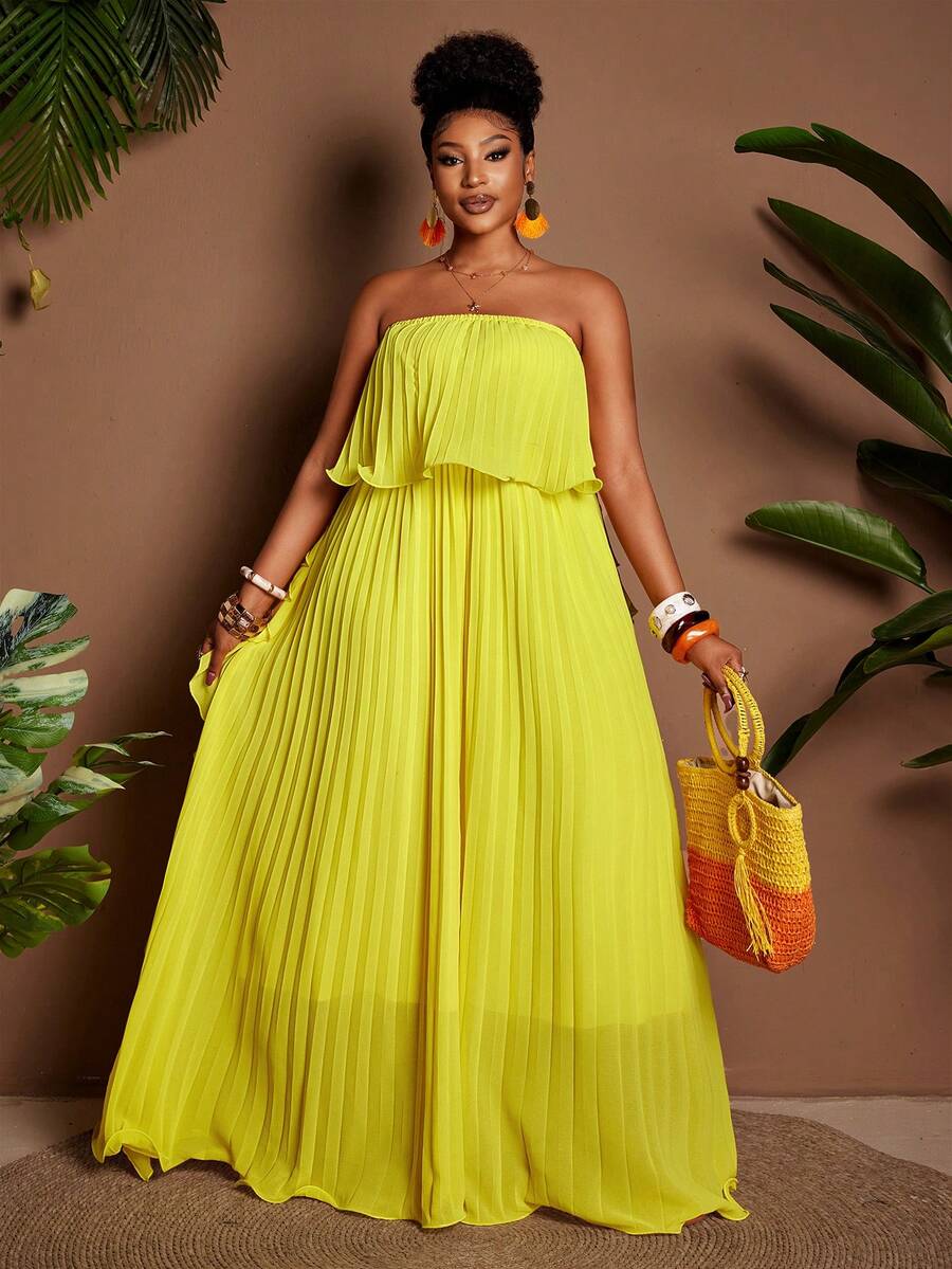 Maweii Đầm maxi dáng rộng không dây vai, xếp ly, bèo nhún, chất liệu chiffon dành cho phụ nữ cỡ lớn - Màu vàng - Xem 1