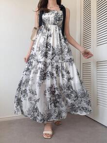 FRIFUL Women's Spaghetti Strap Bow-Tie Bandeau A-Line Dress,White Floral,Summer,Elegant,Tea Party Sweet Vacation Colorblock Sun Dresses - Black and White - View 6