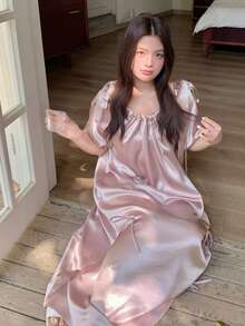 Dazy Plus Plus Size Bow Tie Collar Ruffle Fabric Casual Loose Short Sleeve Pink Nightgown For Girls, Spring/Summer Pajamas - Pink - View 2