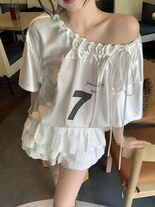 DAZY Women's Casual Loose Fit Numeric Print Asymmetrical Shoulder Short Sleeve T-Shirt - White - View 5