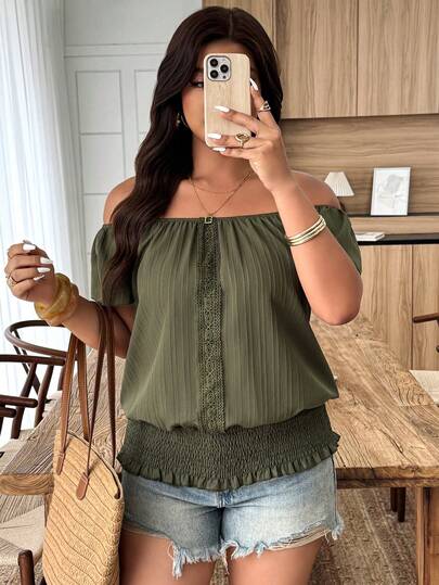 Weeklong Plus Size Women's Casual Off Shoulder Textured Fabric Ruffle Trim Solid Color Blouse, Suitable For Spring/Summer Daily Wear And Commuting