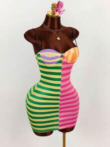 Amplova 2026 New Arrival Colorful Striped Low-Cut Bustier Mini Dress For Women - Multicolor - View 5
