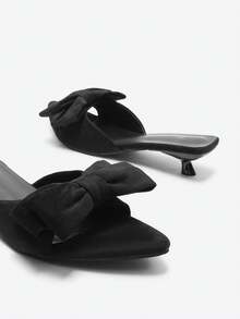 Dép sandal mũi nhọn nơ Pháp mới 2025 cho nữ, thân trên bằng da lộn, gót thấp thoải mái - màu đen - Xem 3