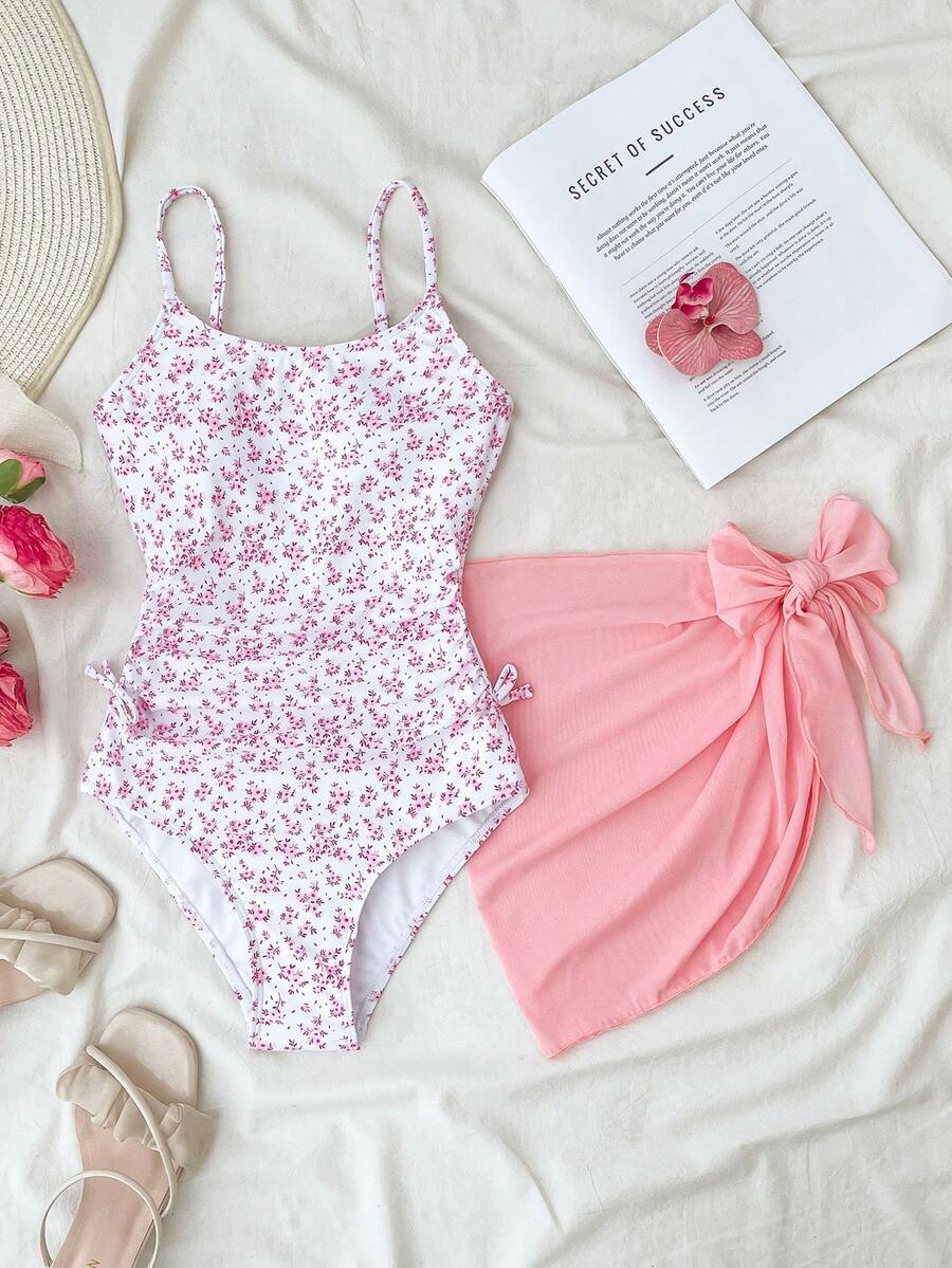 SHEIN Bộ đồ bơi liền thân màu xanh trắng họa tiết hoa nhí, nơ bên hông, dành cho bé gái tuổi teen, kiểu dáng thường ngày, kèm váy che ngoài. - Hồng - Xem 1